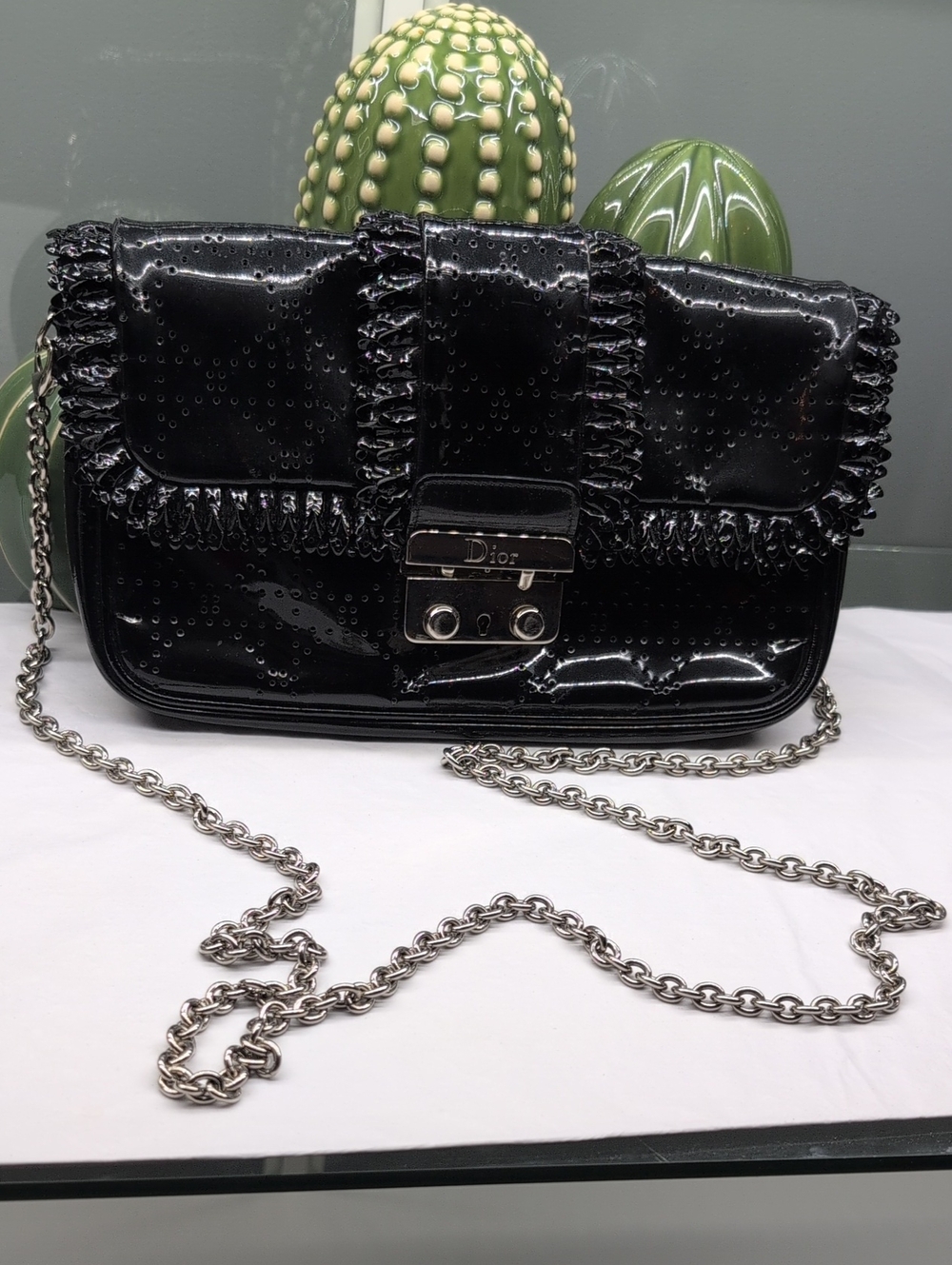 Dior "Rare" Ruffle Black Patent Chain Shoulder/Crossbody Bag